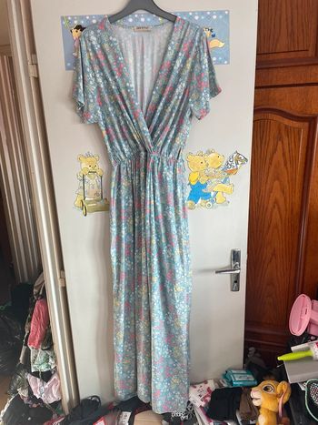 Robe longue à manches courtes bleu à fleurs, taille unique, marque New Style