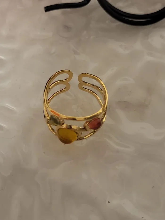 Bague ouverte acier inoxydable dorée, géométrique avec pierre multicolore - photo numéro 4