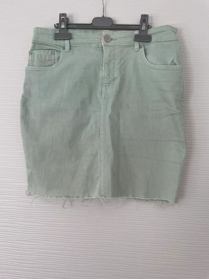Jupe en jean vert d'eau turquoise menthe droite avec poches unie basique simple