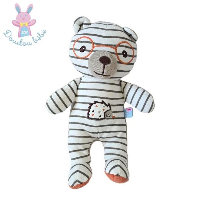 Doudou Ours lunettes rayé gris blanc hérisson Sucre d'Orge