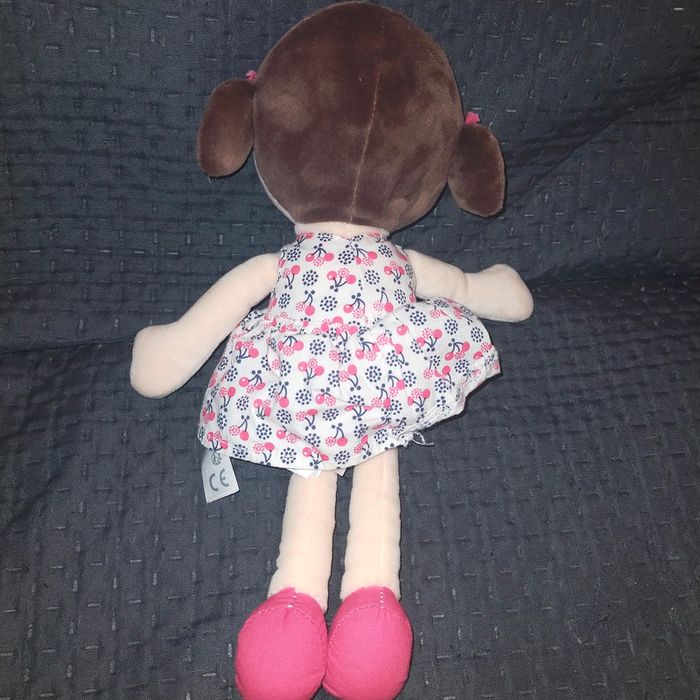 Doudou Poupée Couette Brune Fille Robe Motif Cerise Obaibi - photo numéro 2