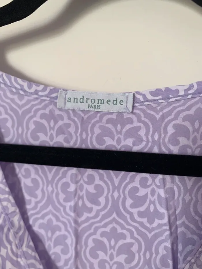 Robe longue asymétrique mauve lila à motif et manches courtes Andromede taille S/M - photo numéro 2