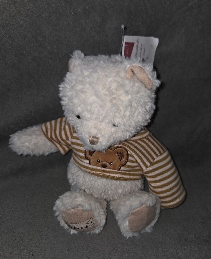 Doudou peluche ours blanc Mr Sébastien - Pull kaki rayé et ours - Bukowski - photo numéro 2