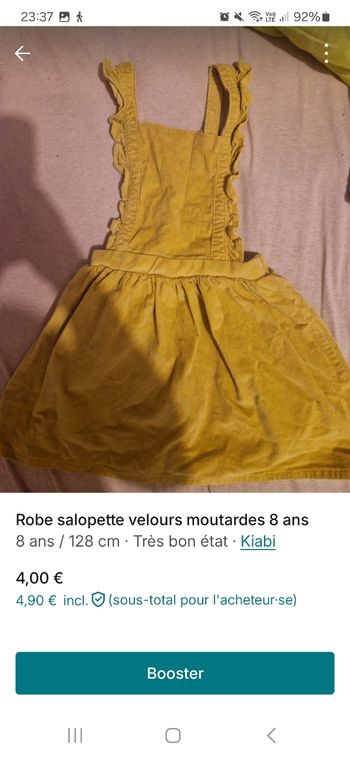 Robe salopette velours moutardes 8 ans