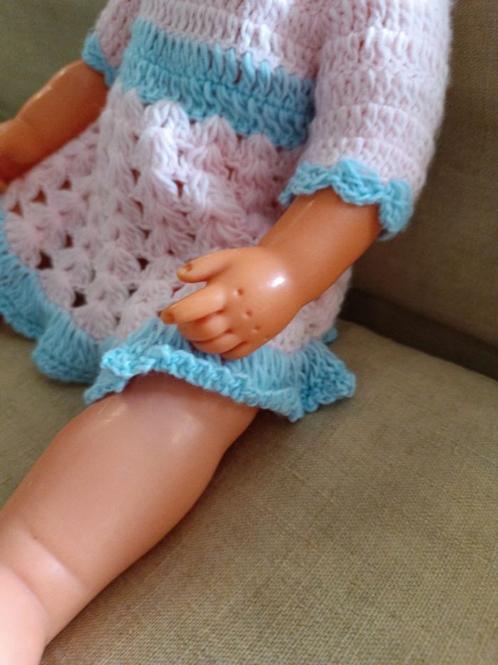 Poupée doll ancienne birgé blonde blond hair yeux eyes bleu blue robe dress tricot laine rose pink - photo numéro 3