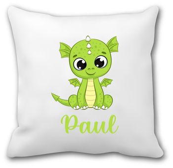 Coussin personnalisé petit dragon vert – Prénom au choix – Rentrée scolaire maternelle – Housse + garniture 40x40 cm – Déco chambre enfant