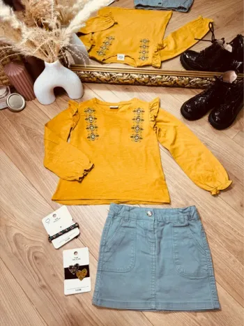 Taille 4 ans tenue 4 pièces fille TAO moutarde kaki * broderie * 🌸