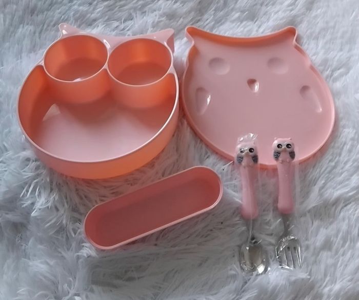 Boite à repas avec couverts - enfant fille - Forme hibou rose - photo numéro 2