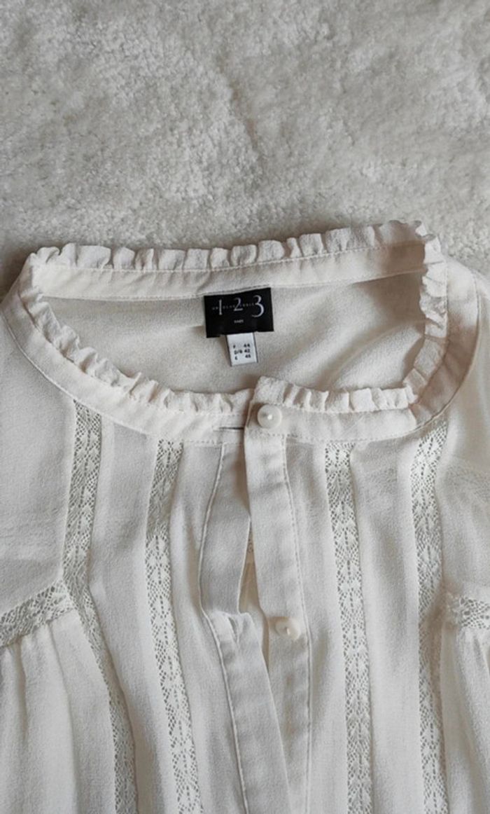 Chemise Chemisier écru 123 Un Deux Trois 100% soie T44 détail dentelle transparent neuf - photo numéro 6