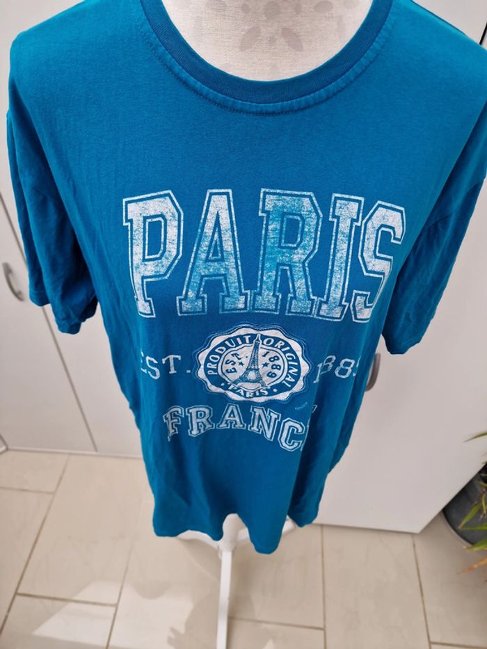 T-Shirt Bleu Imprime Blanc Délavé Paris - photo numéro 2