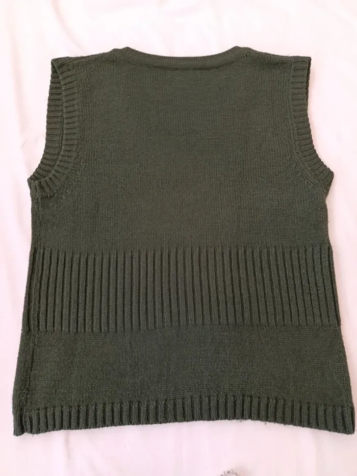 Pull en maille vintage col v sans manches vert/kaki taille 38 - photo numéro 7
