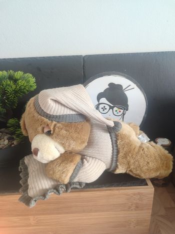 peluche ours endormi fort coucher oreiller bonnet nuit marron beige gris Dormir