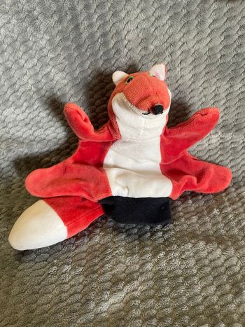 Doudou peluche marionnette renard orange blanc Beleduc