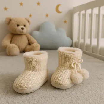 Chaussons fourrés bébé fille garçon Saxo Blues pointure 28 – tricot beige avec pompons