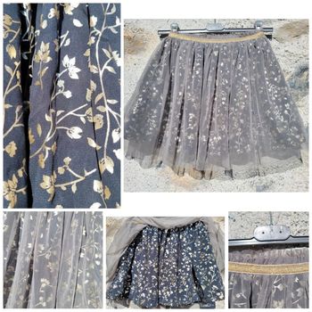 Gémo, jupe de fêtes, tulle,motifs feuilles dorées sur noire, 10 ans