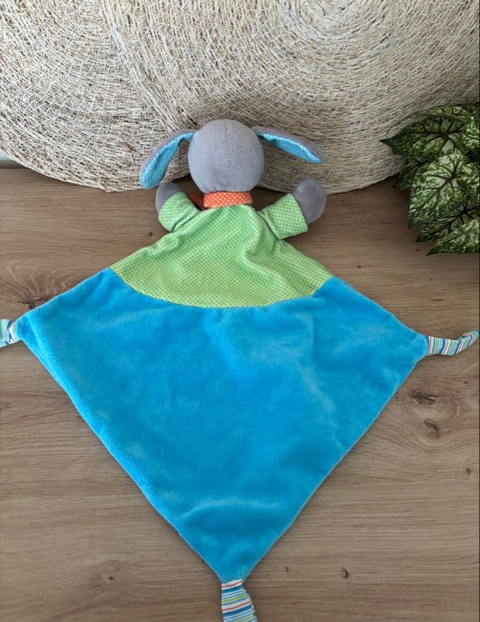 Doudou plat chien vert bleu écharpe orange mots d enfants - photo numéro 3