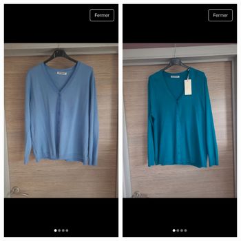 Gilets bleu ciel et turquoise Taille : 44 Prix : 10 € pièce