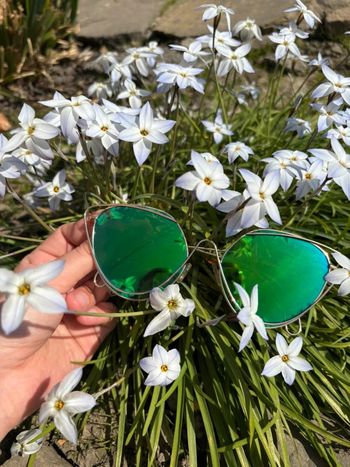 Lunette de soleil dorés, verre vert bleu