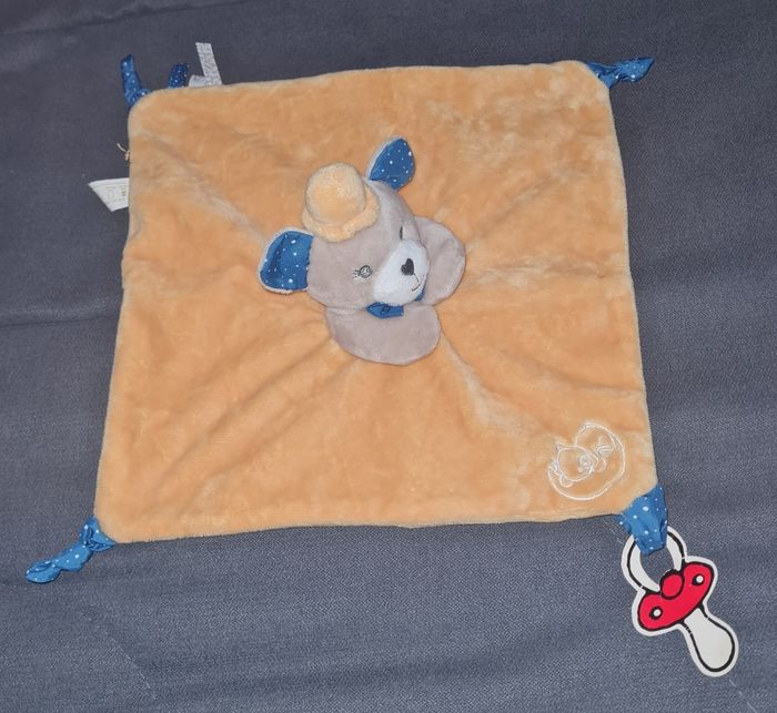 Doudou ours carré plat jaune et bleu - Dodo d'amour