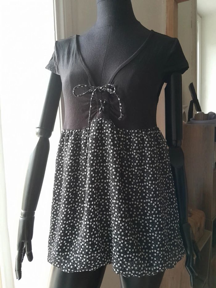 Haut tunique bi-matière à pois noir et blanc Taille 42 decolté - photo numéro 2