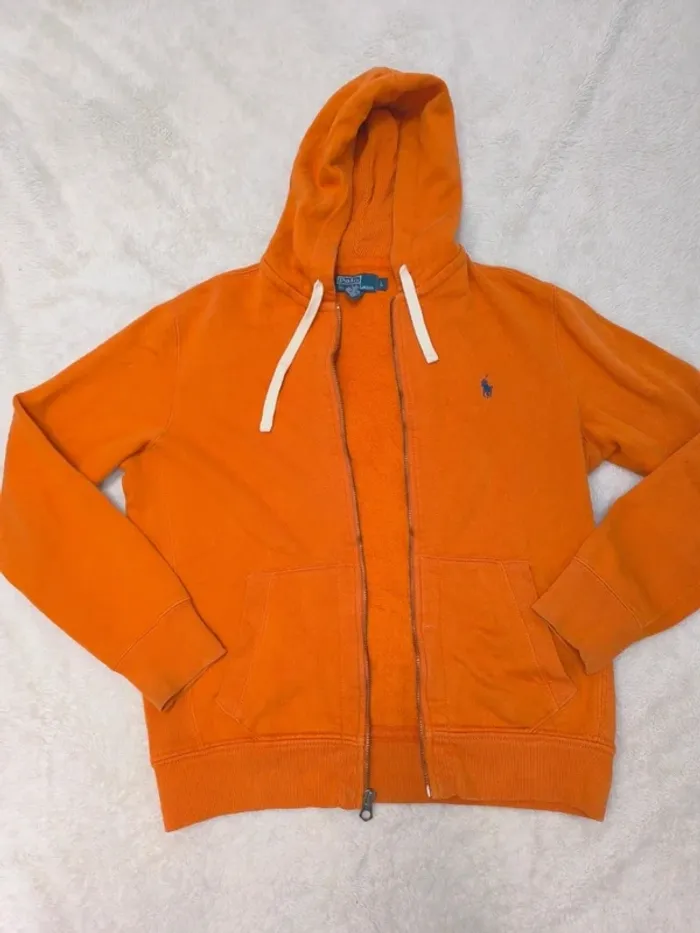 Sweat à capuche zippé Polo Ralph Lauren homme taille L orange manche tachée - photo numéro 3