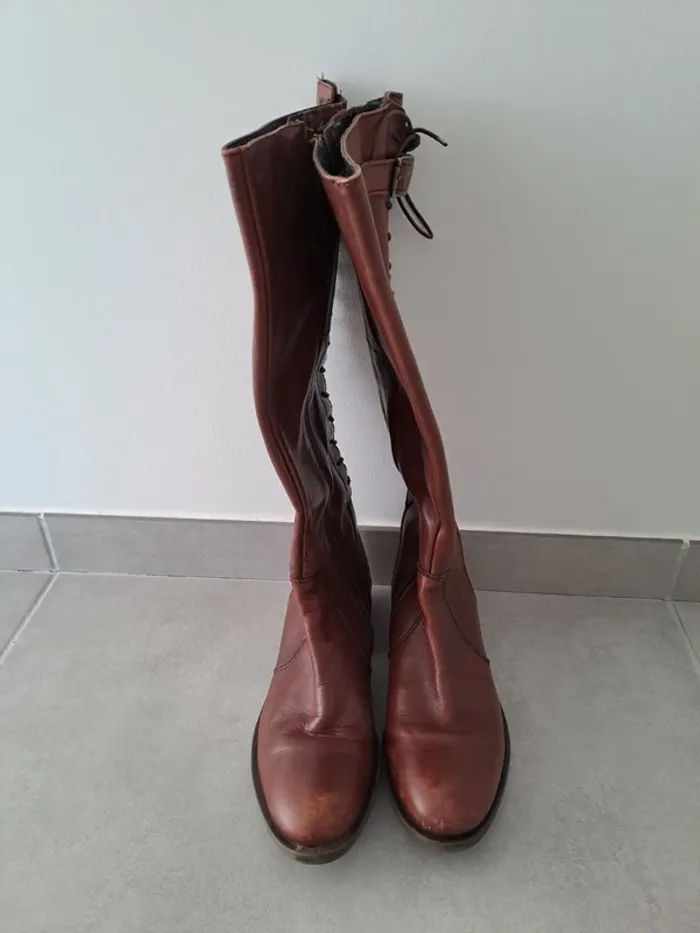 Élégantes Bottes Hautes en Cuir Marron Tissaia - Taille 40 - Lacets et Zip - photo numéro 3