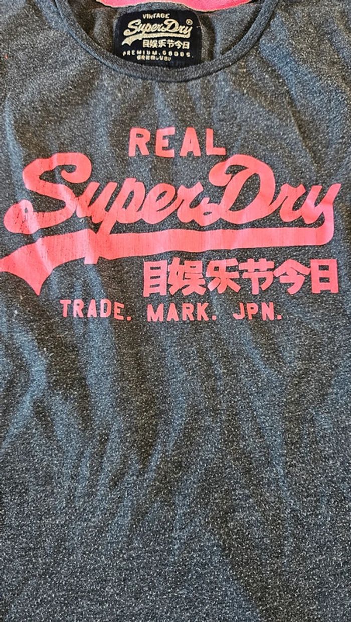 T shirt bleu gris chiné inscription fushia, Superdry Vintage, XS - photo numéro 4