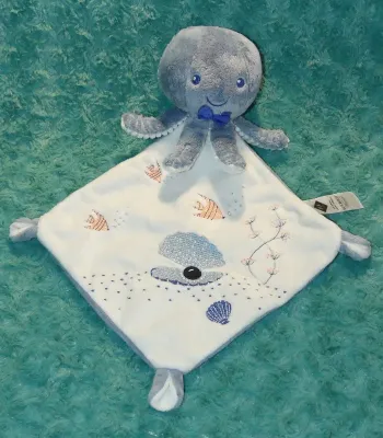 Doudou plat bleu blanc, pieuvre/poulpe Tex 🐙tbe