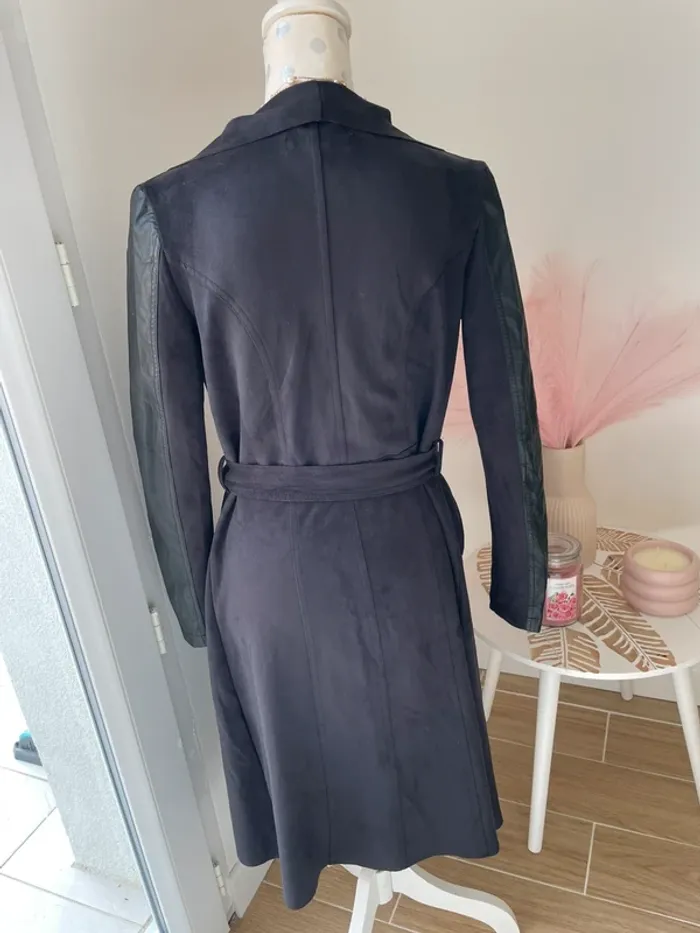 Trench long bi matière suédine/ similicuir noir 36 - photo numéro 5