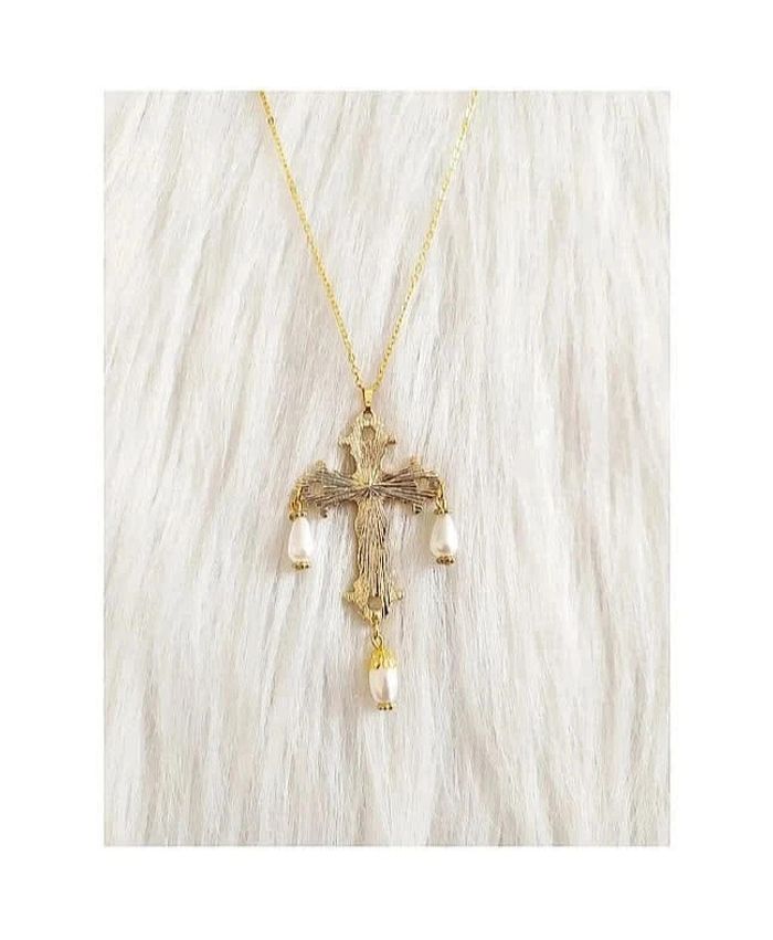 Collier chaîne avec pendentif croix ciselée avec perles style vintage renaissance baroque gothique - photo numéro 2