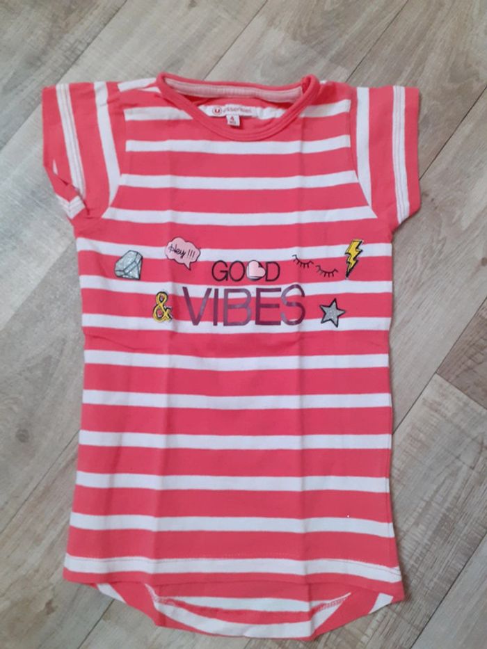 T-shirt fille long à rayures rose et blanc 4 ans