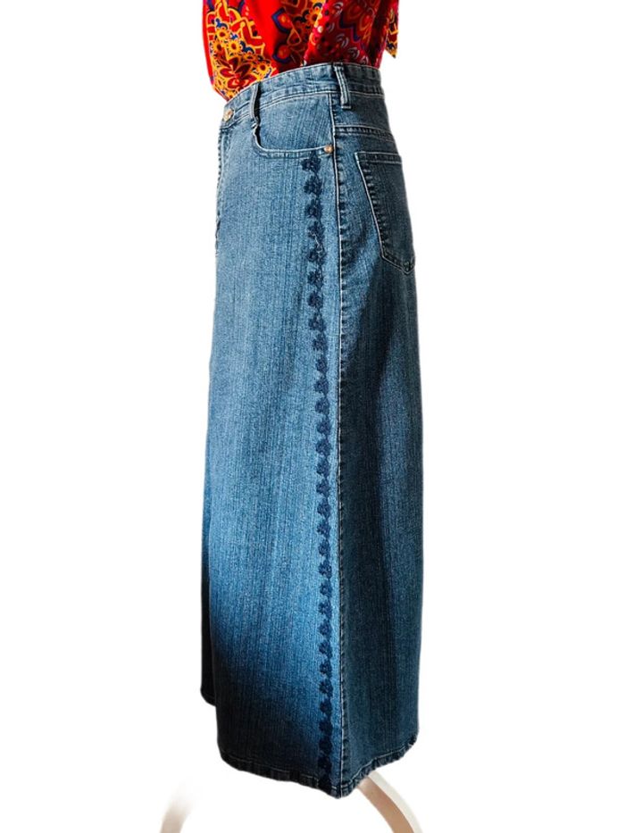 💙🌿Jupe en jean longue brodée bohème vintage 2000 long embroidered denim boho skirt🌿💙 - photo numéro 11