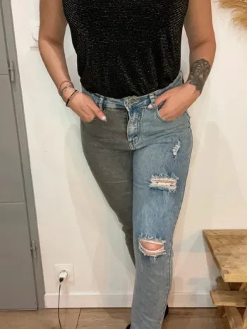 Jean mom taille haute bicolore