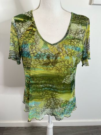 Top en mesh bariolé vert et bleu Y2K Christine Laure T3 46/48 3XL/4XL