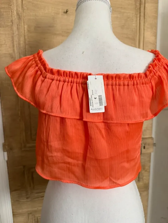 Haut crop top épaules dénudées volanté orange - photo numéro 2