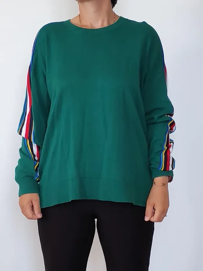 Pull Tommy Hilfiger vert XL – manches à bandes multicolores – unisexe