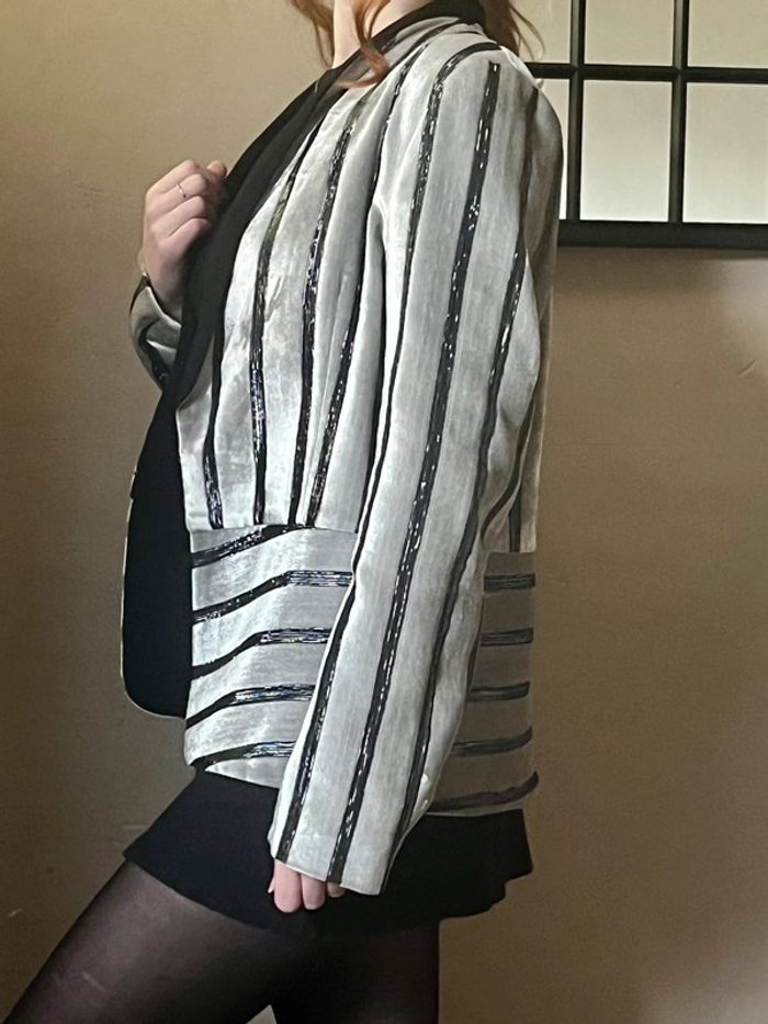 Veste blazer rayures noires et argentées en velours - photo numéro 10