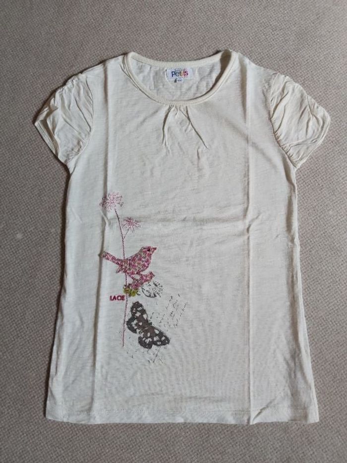 Tee-shirt manches courtes crème avec oiseau en liberty 12 ans - La Cie des petits