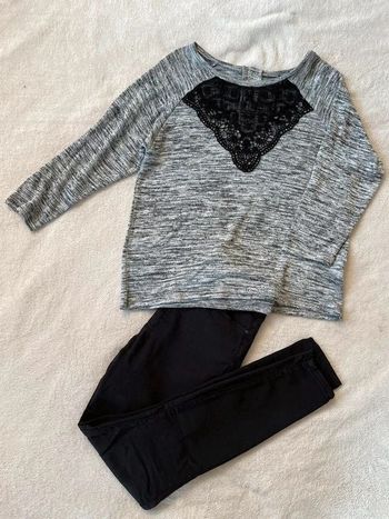 Haut t-shirt pull d'hiver gris moucheté avec col en dentelle manches trois quart