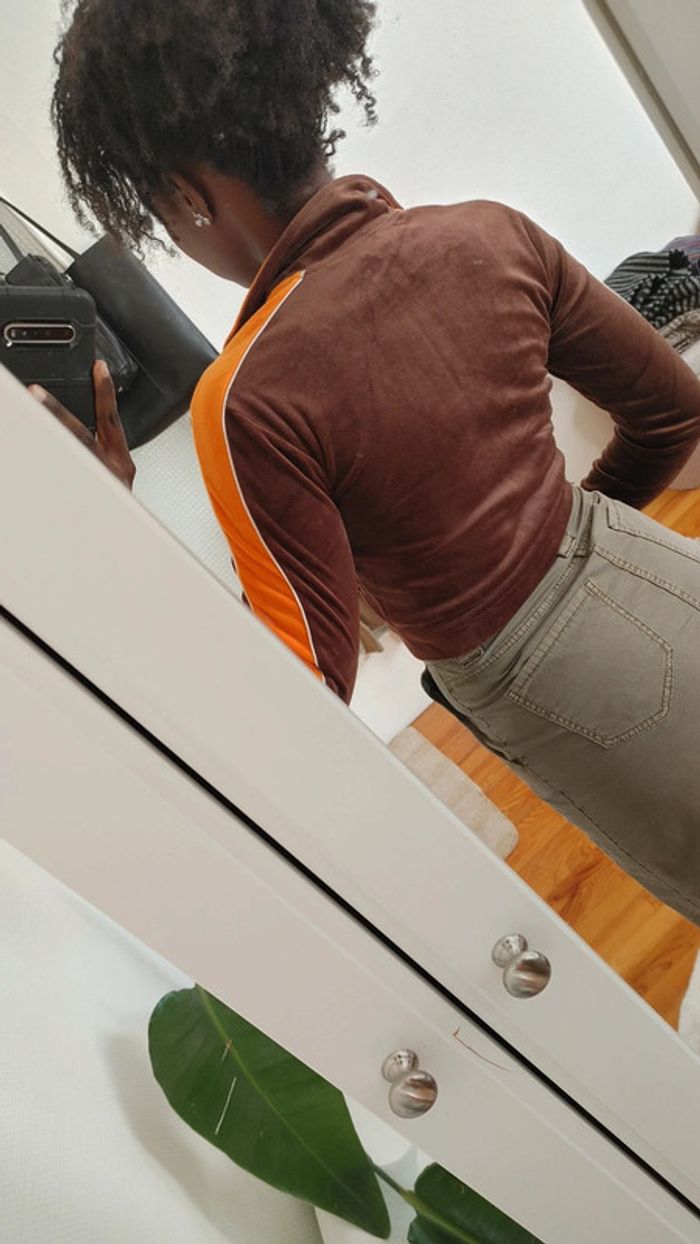 Sweat-shirt velours col au zip poche latéral manches longues crop top - photo numéro 5