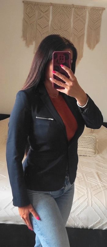 Veste Blazer Caroll bleu marine 38 un bouton poche zip laine, polyester et élasthanne