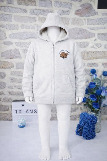 Sweat zippé à capuche doublé sherpa blanc chiné Garçon taille 10 ans marque Okaidi 🎸 