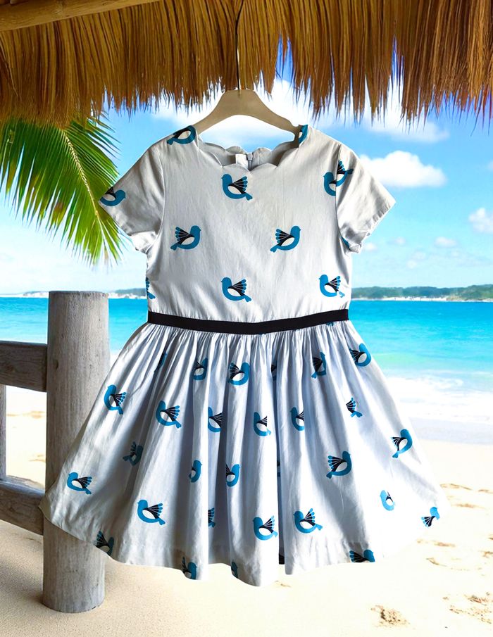 JACADI - ROBE FILLE TYPE PATINEUSE, MOTIF TOURTERELLES & ENCOLURE VAGUES 8A - photo numéro 2