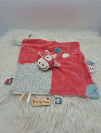 Doudou plat Vache rose blanc Lola dentition Noukie's