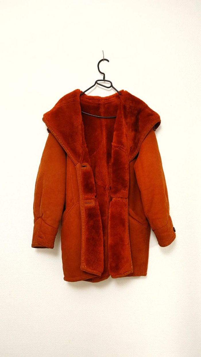 Beau manteau vintage orange foncé peau de mouton retourné shearling montone sheepskin - photo numéro 2