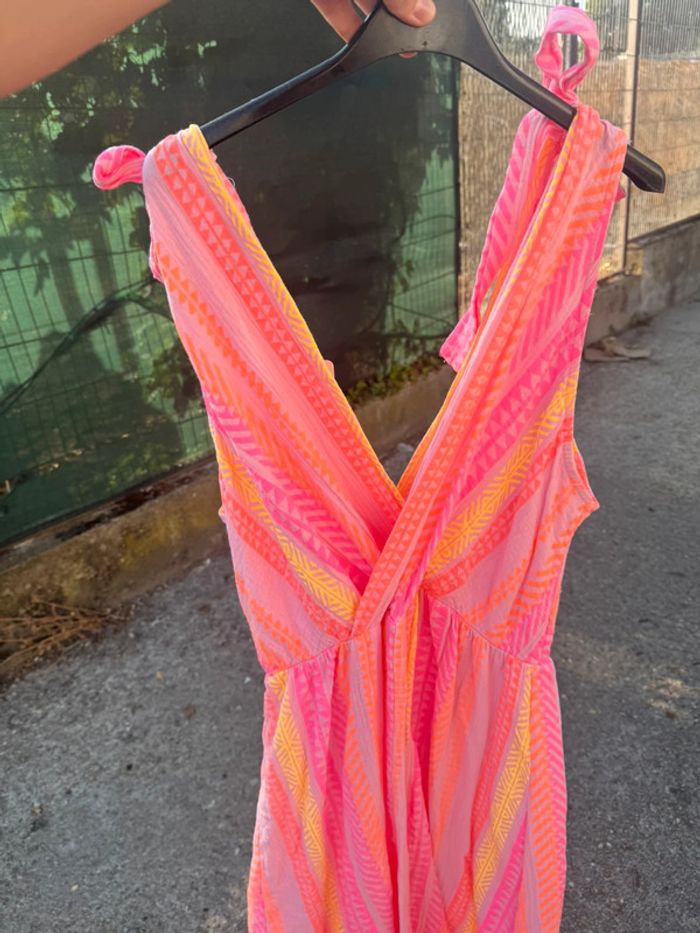 Magnifique robe longue d’été gaz de coton rose rayés orange jaune grande taille 42-46 - photo numéro 3