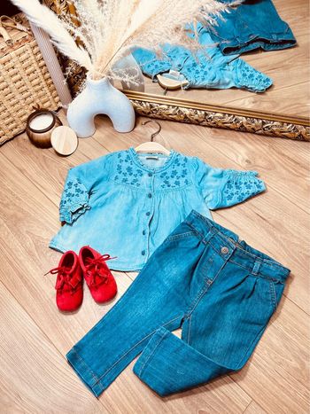 Taille 6 mois tenue 2p fille TAO bleu jean * fleurs brodés * 🎀