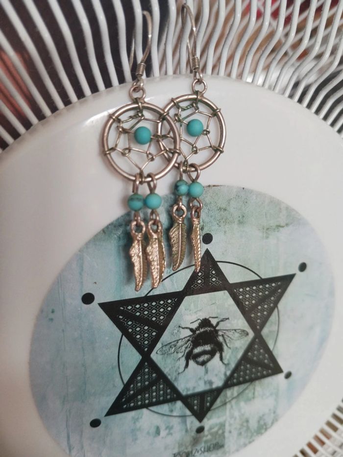 Boucles d'oreilles attrape rêve argent et turquoise - photo numéro 3