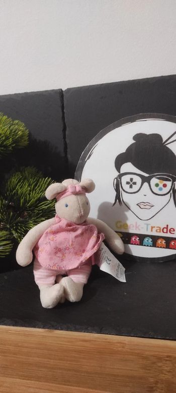 doudou peluche souris moulin roty lila rose fleurs rayure noeud blanc beige Robe