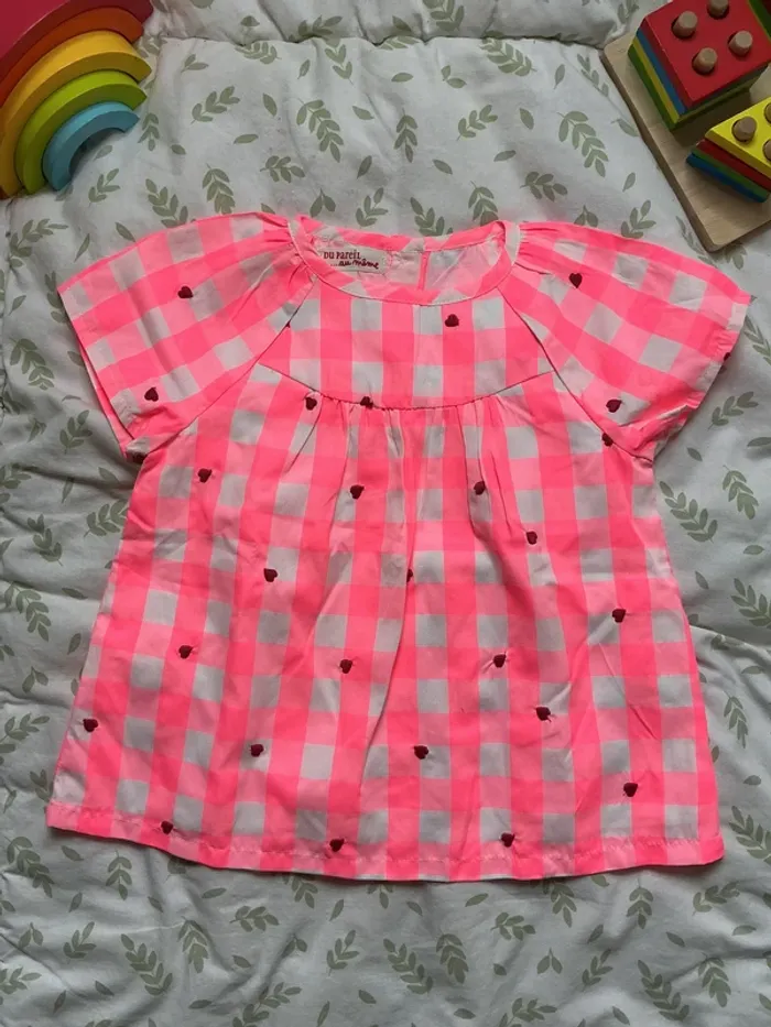 blouse manches courtes a carreaux blanc et rose fluo 18 mois du pareil au même - photo numéro 3